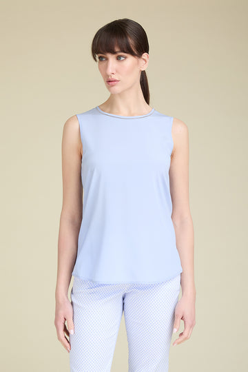 Top in comfort silk crepe de chine with diamond cut chain trim around neckline  