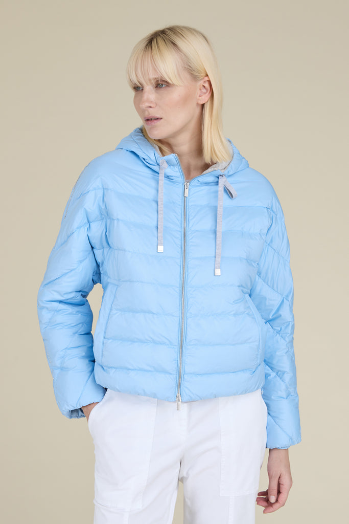 Puffer jacket with batwing sleeves in soft peachskin microfibre with diamond cut chain trim on the shoulders  