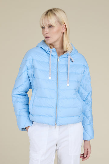 Puffer jacket with batwing sleeves in soft peachskin microfibre with diamond cut chain trim on the shoulders  