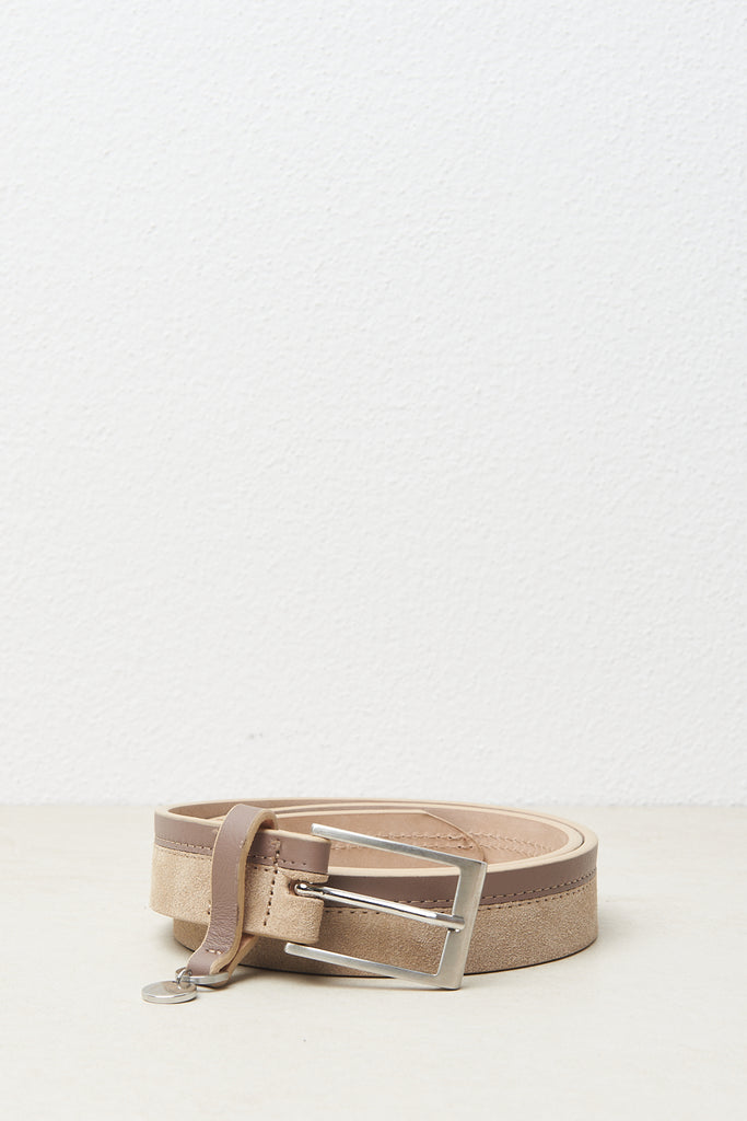 Two-tone belt in nappa and suede leather with Peserico logo medal  