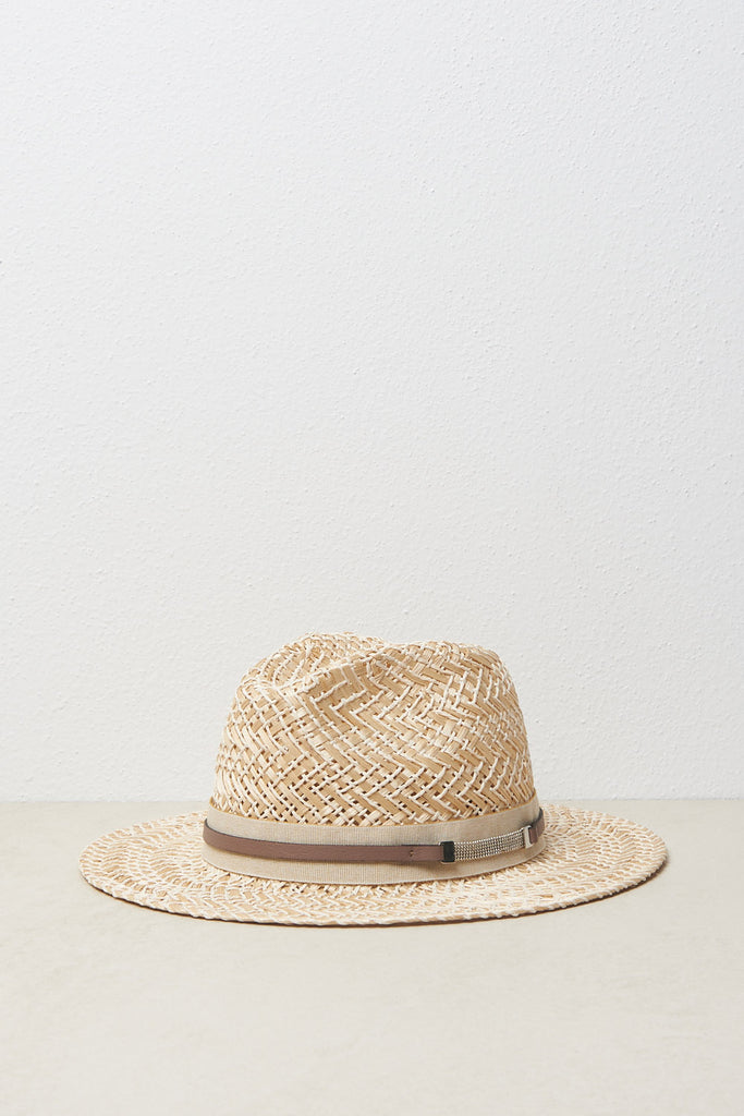 Raffia fedora with leather hatband with Punto Luce diamond cut chain trim  