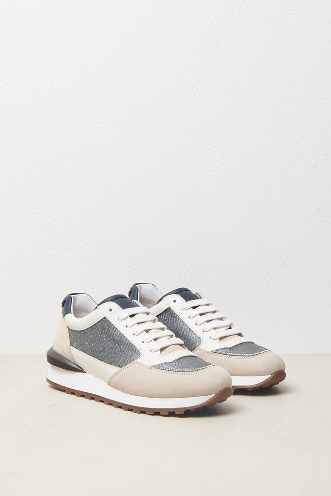 Sneakers in metal-effect Sparkly canvas with nappa leather and nabuk inserts and Punto Luce diamond cut chain trim  
