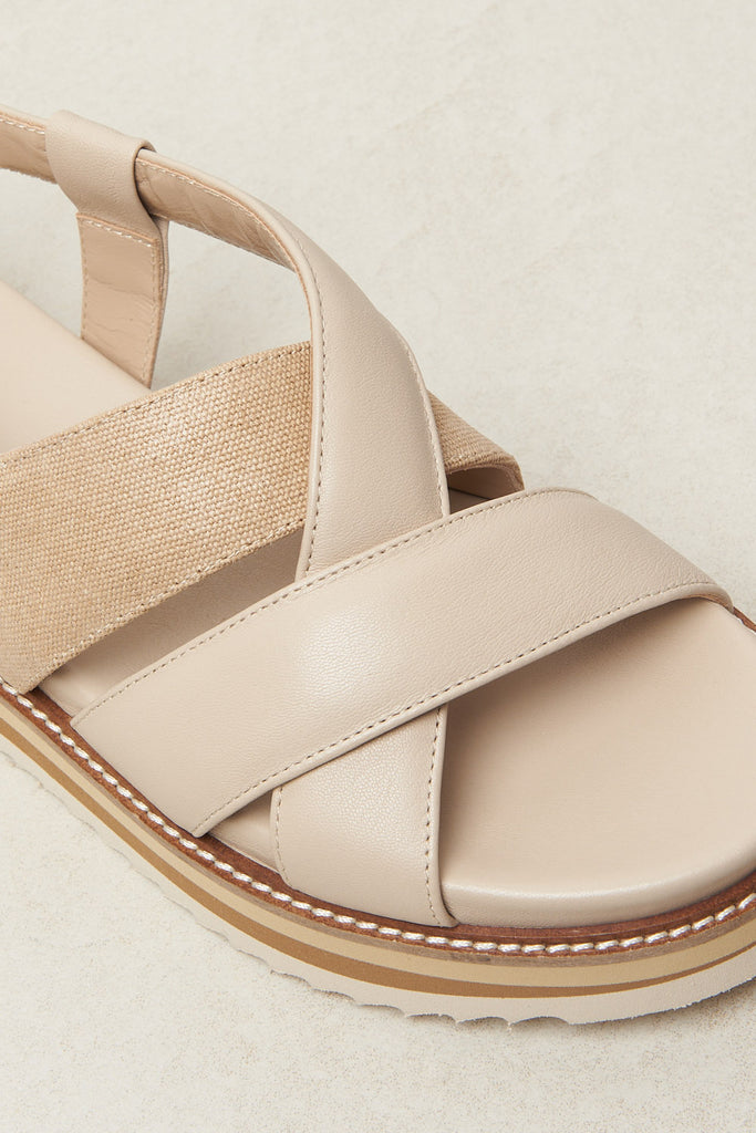 Crossover sandal in nappa leather and Pearly Light canvas with 3 colour sole  
