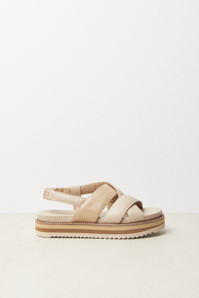 Crossover sandal in nappa leather and Pearly Light canvas with 3 colour sole  
