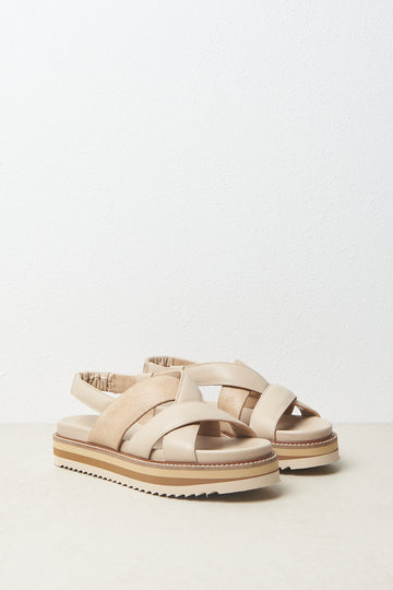 Crossover sandal in nappa leather and Pearly Light canvas with 3 colour sole  