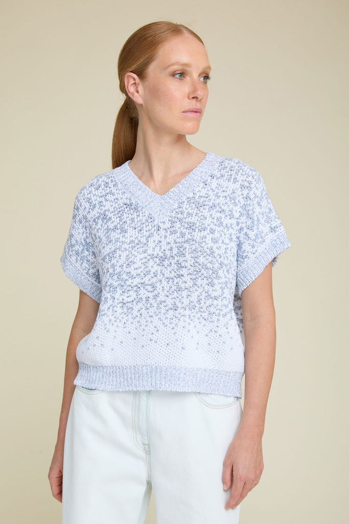 Short sleeve V-neck shaded jacquard sweater in cotton ribbon with sparkling sequins  