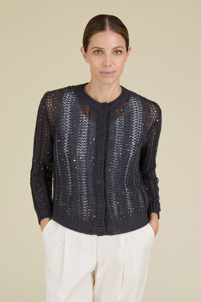 Exquisite cardigan in openwork rib knit illuminated with delicate sequins  
