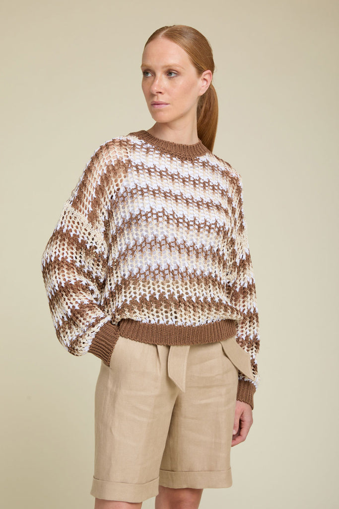 Loose sweater in Airy Stripes macro mesh in pure cotton yarn and sparkling sequins  