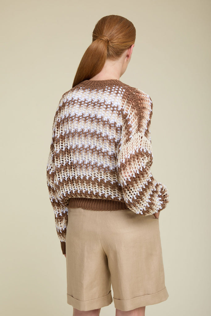 Loose sweater in Airy Stripes macro mesh in pure cotton yarn and sparkling sequins  