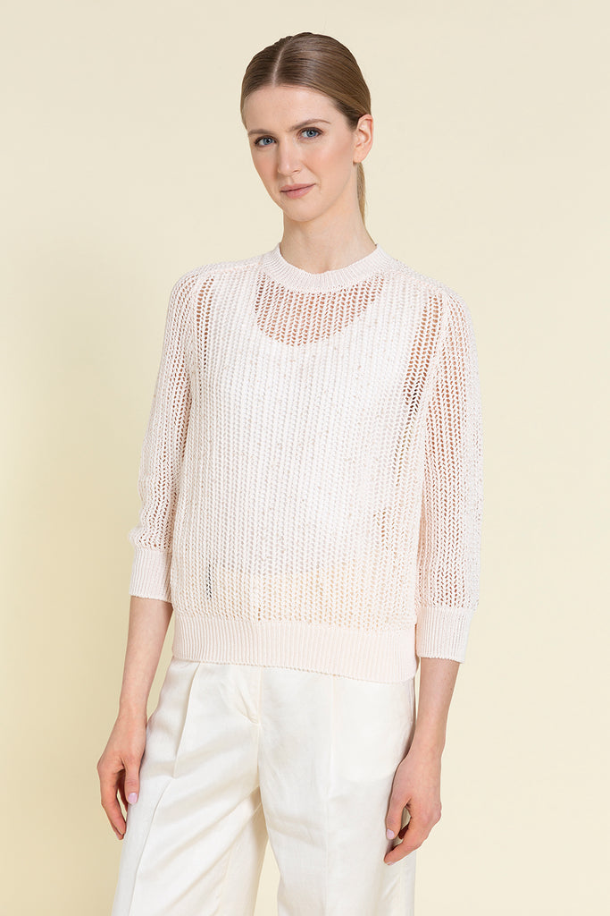 Sparkling crewneck sweater in pure cotton mesh illuminated with delicate sequins  