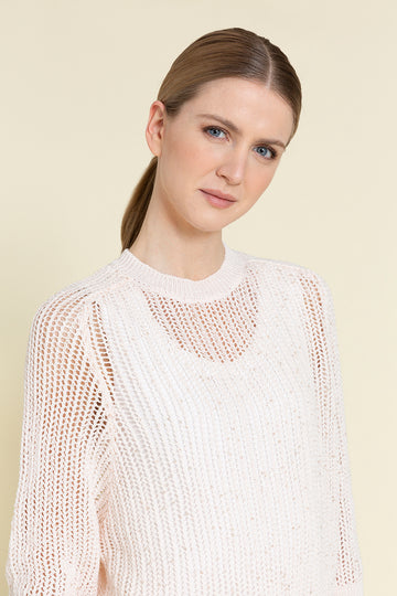 Sparkling crewneck sweater in pure cotton mesh illuminated with delicate sequins  