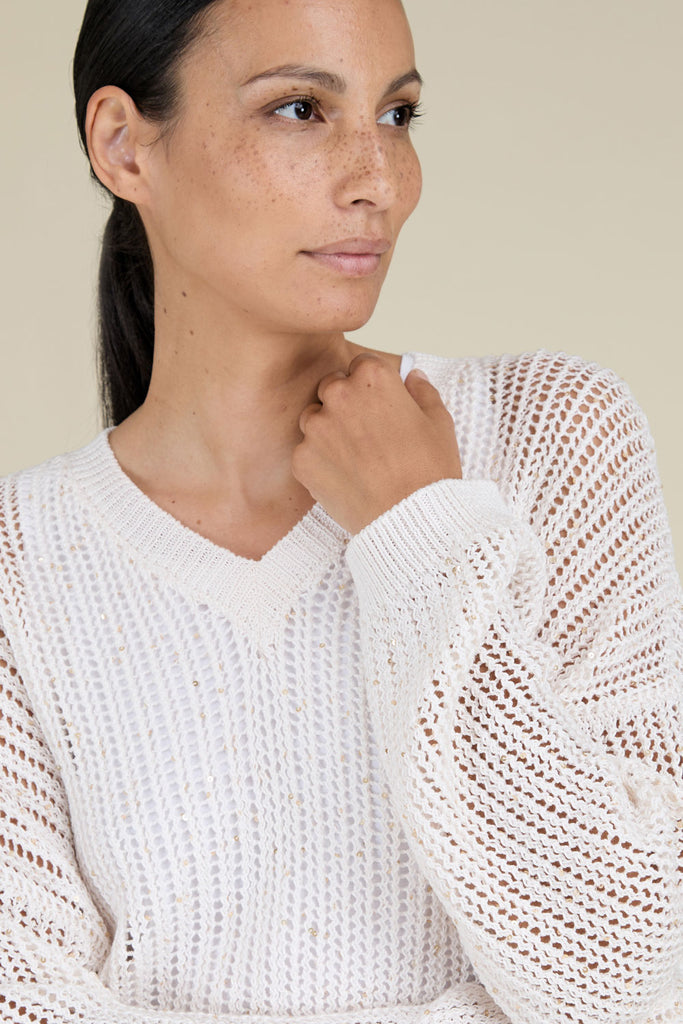 Sparkling V-neck mesh sweater in pure cotton illuminated by delicate sequins  