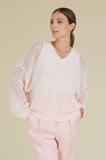 Sparkling mesh V-neck sweater in pure cotton yarn with delicate sequins  