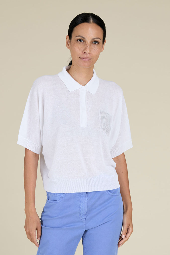 Short sleeve polo shirt in cool linen cotton crŠpe yarn with diamond cut chain trim on pocket  