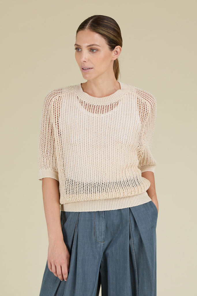 Ribbed mesh sweater in pure cotton yarn illuminated by delicate sequins  